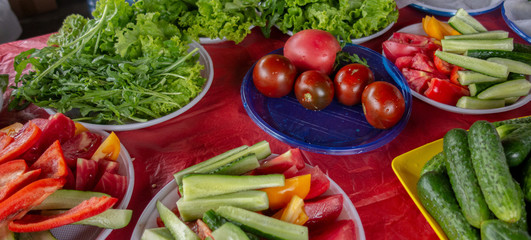 Vegetables served at picnic party outdoor. Panorama of tomatoes, cucumbers, pepper, salad and other edible greens. Whole, cropped and sliced raw vegetable on plastic disposable tableware