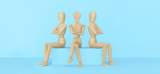 Bad attitude in the team. Social relations and concept of people-three wooden mannequins, sitting with their backs to each other and crossed his arms on his chest. 3D rendering.