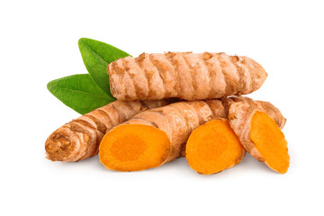 turmeric root and slices isolated on white background