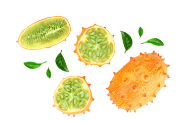 Kiwano or horned melon with leaves isolated on white background, Top view. Flat lay.