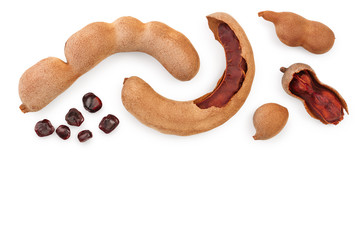 Tamarind fruit with seed isolated on white background with copy space for your text. Top view. Flat lay