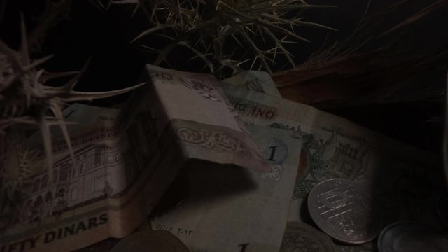 Video is money. Paper money. Pennies. Jordanian money. 50 dinar.
