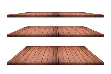 Set of brown wood shelves on isolated white background. Objects with clipping path for design work and decoration