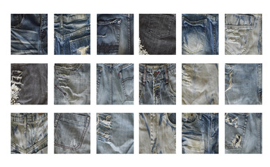 Different denim fabric samples isolated on white background.  Close-up collection of jeans textures.