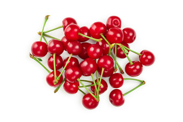 Fototapeta na wymiar Some cherries with leaf closeup isolated on white background. Top view. Flat lay.