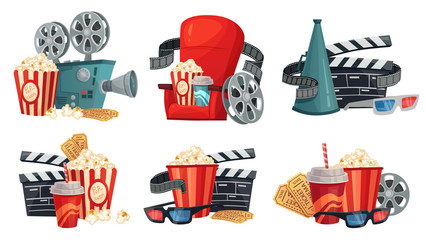 Cartoon cinema. Movie projector, 3d cinema glasses and vintage film camera. Popcorn, megaphone and movie house armchair. Hollywood cinematograph isolated icons illustration vector set - obrazy, fototapety, plakaty