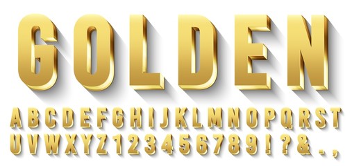 Golden 3D font. Metallic gold letters, luxury typeface and golds alphabet with shadows. Elegancy font abc and numbers, golden rich royal vip type letter. Isolated vector symbols set - obrazy, fototapety, plakaty
