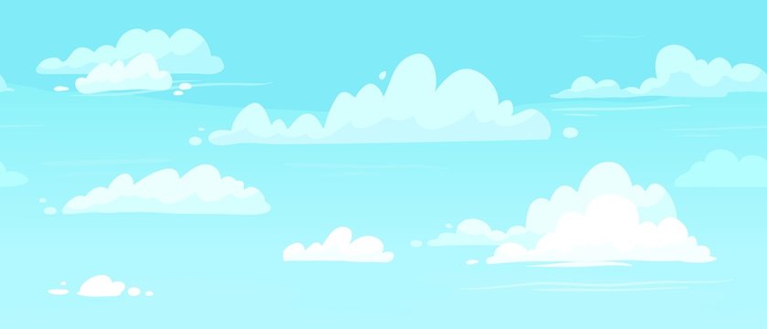 Cartoon cloudy skies. Puffy clouds in blue sky. Cloudy weather, heaven cloud in skies backdrop or meteorology seamless vector background illustration