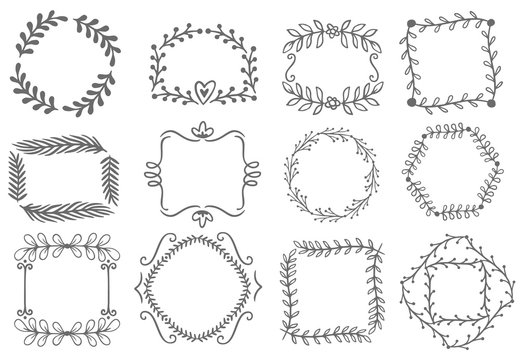Floral ornament frames. Decorative leaves frame, hand drawn ornamental borders. Victorian style decor floral border, luxury royal antique wedding decorative emblem. Isolated vector icons set