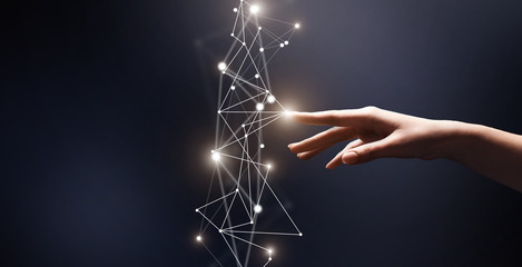 Woman finger touching 3D network with points on blue
