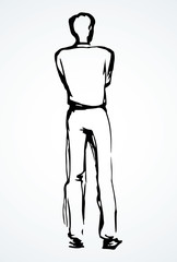 A man stands and looks into the distance. The view from the back. Vector drawing