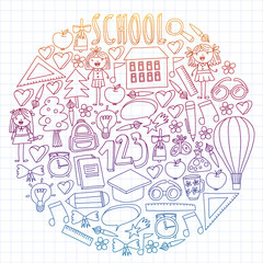 Vector set of Back to School icons in doodle style. Painted, colorful, pictures on a piece of paper on white background. Drawing by pen on squared notebook