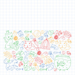 Pet shop. Vector illustration with animals, dog, cat, fish, Colorful background with kitten, bird, puppy. Veterinarian clinic.