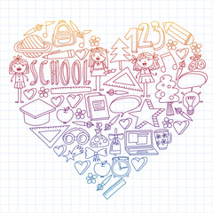 Vector set of Back to School icons in doodle style. Painted, colorful, pictures on a piece of paper on white background. Drawing by pen on squared notebook