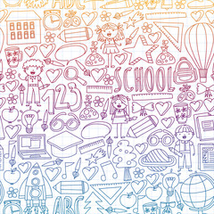 Fototapeta na wymiar Seamless vector set of Back to School icons in doodle style. Painted, colorful, pictures on a piece of paper on white background. Drawing by pen on squared notebook