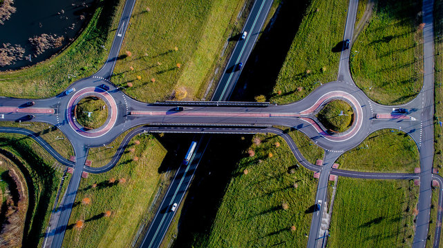 Two roundabout viewed from above. These roundabouts are near the town of Gieten. above the N34.