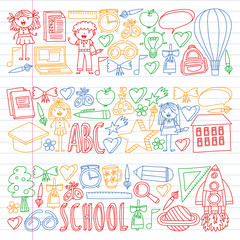 Vector set of Back to School icons in doodle style. Painted, colorful, pictures on a piece of paper on white background. Drawing by pen on exercise notebook.