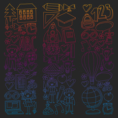 Vector set of back to school icons in doodle style. Drawing with colored chalk on a school blackboard. Chalk drawing on a school blackboard in gradient style.