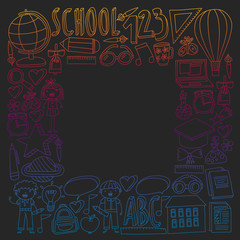 Vector set of back to school icons in doodle style. Drawing with colored chalk on a school blackboard. Chalk drawing on a school blackboard in gradient style.