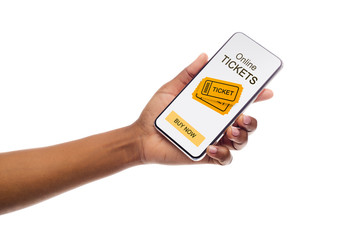 Afro Female Hand Holding Phone Using Buying Tickets App