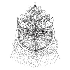 Hand drawn sketch illustration of owl queen for adult coloring book.