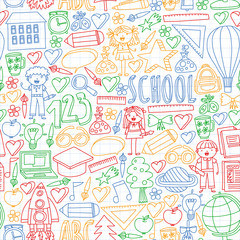 Seamless vector set of Back to School icons in doodle style. Painted, colorful, pictures on a piece of paper on white background. Drawing by colorful pen on squared notebook.