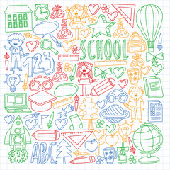 Vector set of Back to School icons in doodle style. Painted, colorful, pictures on a piece of paper on white background. Drawing by colorful pen on squared notebook.