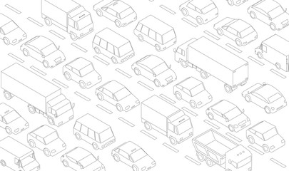 Traffic jam, car plug transport highway road. A lot of cars. Gray lines outline contour style. Background monochrome vector illustration.