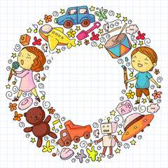 Painted by hand style pattern on the theme of childhood. Vector illustration for children design. Drawing by pen on squared notebook.