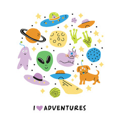 Set on a space theme with doodle aliens monsters