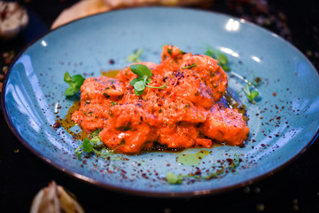 saganaki receipt shrimps with fresh ingredients - seafood delight dish