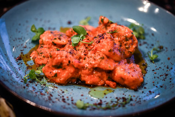 saganaki receipt shrimps with fresh ingredients - seafood delight dish