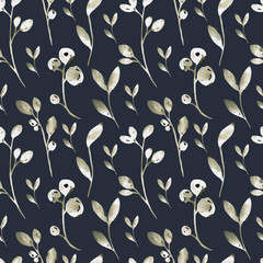 Watercolor minimalistic pattern Scandinavian style beige white plants. Hand drawn isolated on a dark blue background.