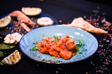 saganaki receipt shrimps with fresh ingredients - seafood delight dish