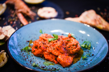 saganaki receipt shrimps with fresh ingredients - seafood delight dish