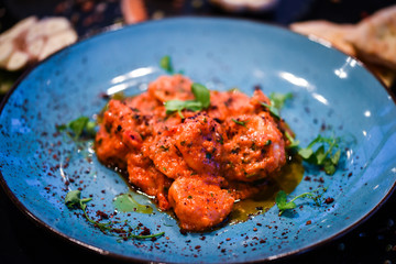 saganaki receipt shrimps with fresh ingredients - seafood delight dish