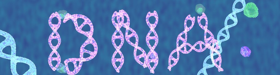 Blue Dna molecule,text,3d render.