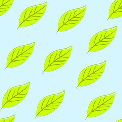 Green leaves seamless pattern on blue background, vector drawing 