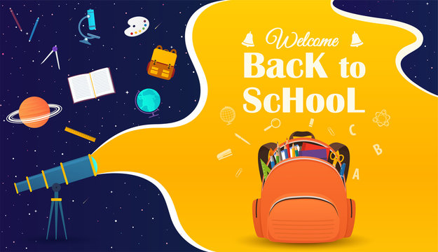 Back to school banner with backpack and school items.