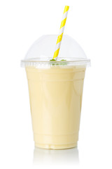 Banana smoothie fruit juice straw drink milkshake milk shake in a cup isolated on white