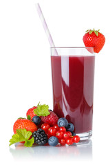Berry smoothie fruit juice drink straw wild berries in a glass isolated on white