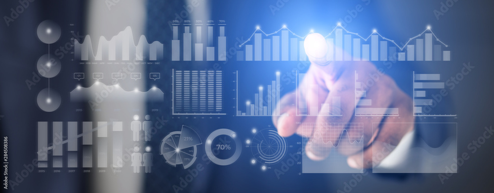 Poster man hand choosing one diagram on transparent background