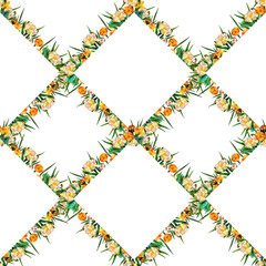 Watercolor marsh plants and herbs seamless geometric pattern with white and yellow water lilies