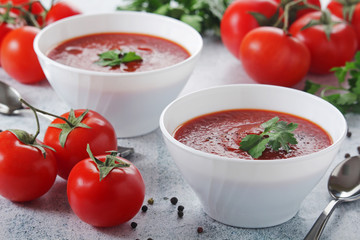 Two plates with gazpacho - traditional Spanish tomato soup