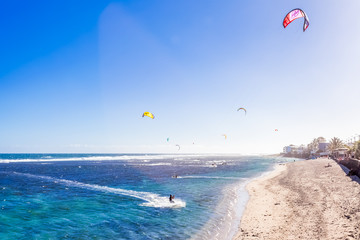 kite surfing in the sea, Saint-Pierre, Réunion Island 