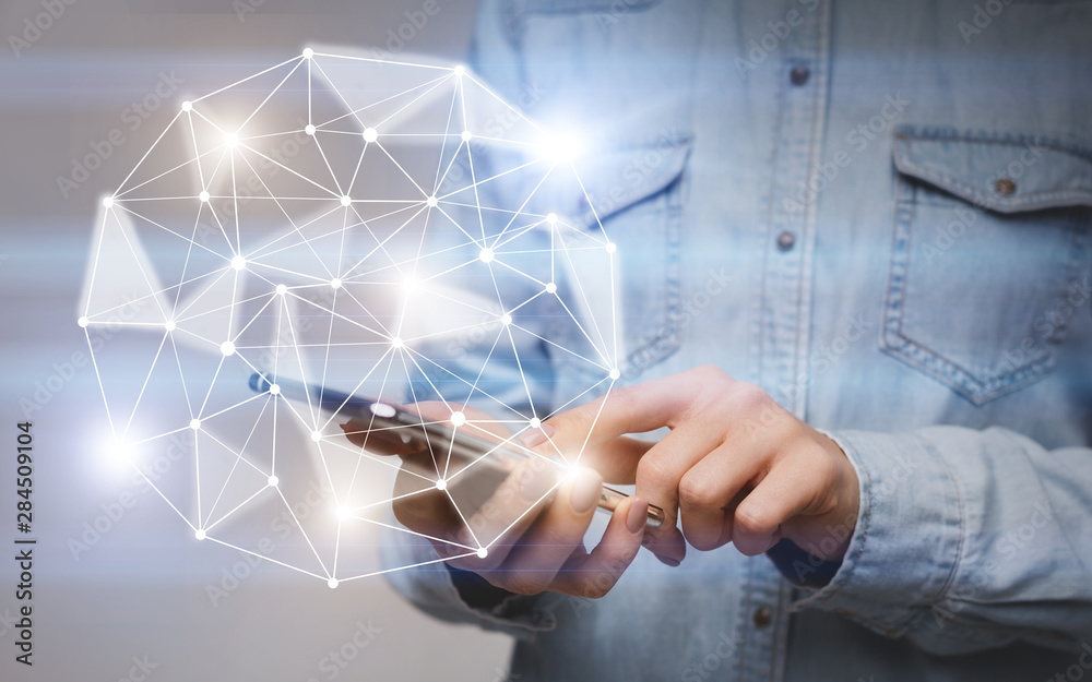 Poster new web technology inside your cellphone in man hand