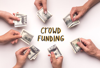 Rich People investing money in crowdfunding on white