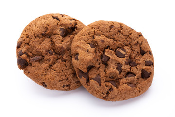 Chocolate chip cookies isolated on white background. Sweet biscuits. Homemade pastry.