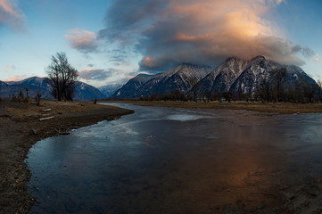 Russia. mountain Altai. Southern shore of lake Teletskoye near the mouth of the river Chulyshman