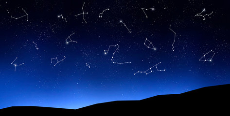 Zodiac signs on clear night sky above mountains © Prostock-studio